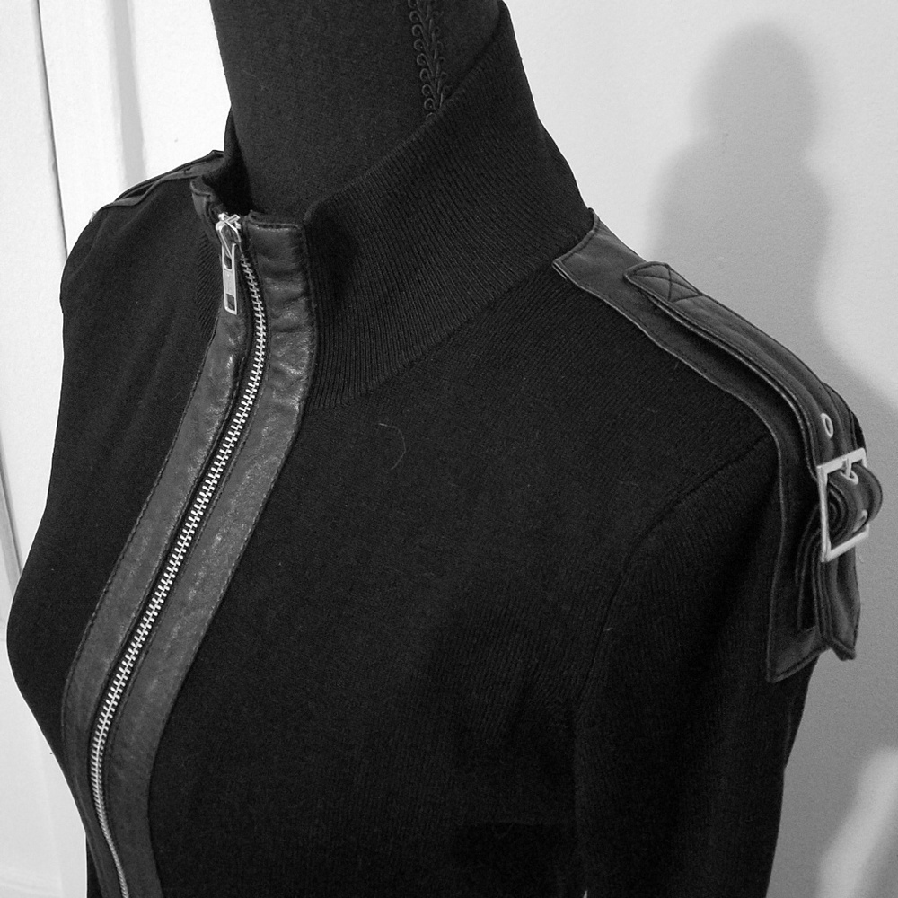 Black silk and leather military sweater jacket
